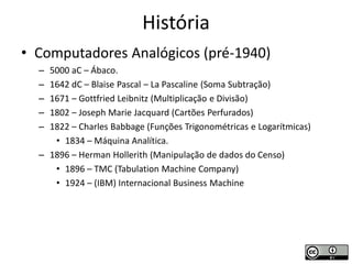 História
• Computadores Analógicos (pré-1940)
  – 5000 aC – Ábaco.
  – 1642 dC – Blaise Pascal – La Pascaline (Soma Subtração)
  – 1671 – Gottfried Leibnitz (Multiplicação e Divisão)
  – 1802 – Joseph Marie Jacquard (Cartões Perfurados)
  – 1822 – Charles Babbage (Funções Trigonométricas e Logarítmicas)
     • 1834 – Máquina Analítica.
  – 1896 – Herman Hollerith (Manipulação de dados do Censo)
     • 1896 – TMC (Tabulation Machine Company)
     • 1924 – (IBM) Internacional Business Machine
 