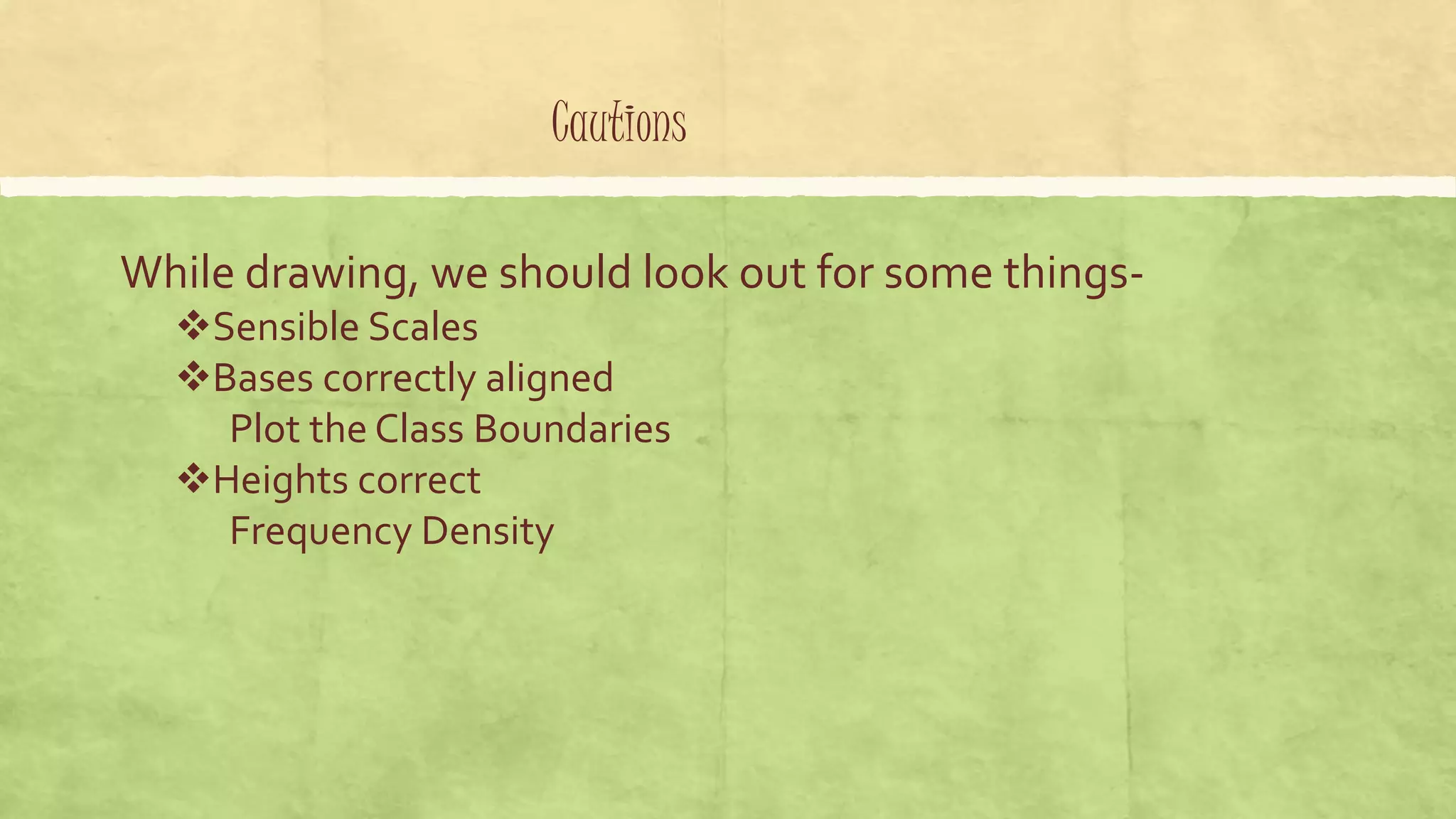 Cautions
While drawing, we should look out for some things-
Sensible Scales
Bases correctly aligned
Plot the Class Boundaries
Heights correct
Frequency Density
