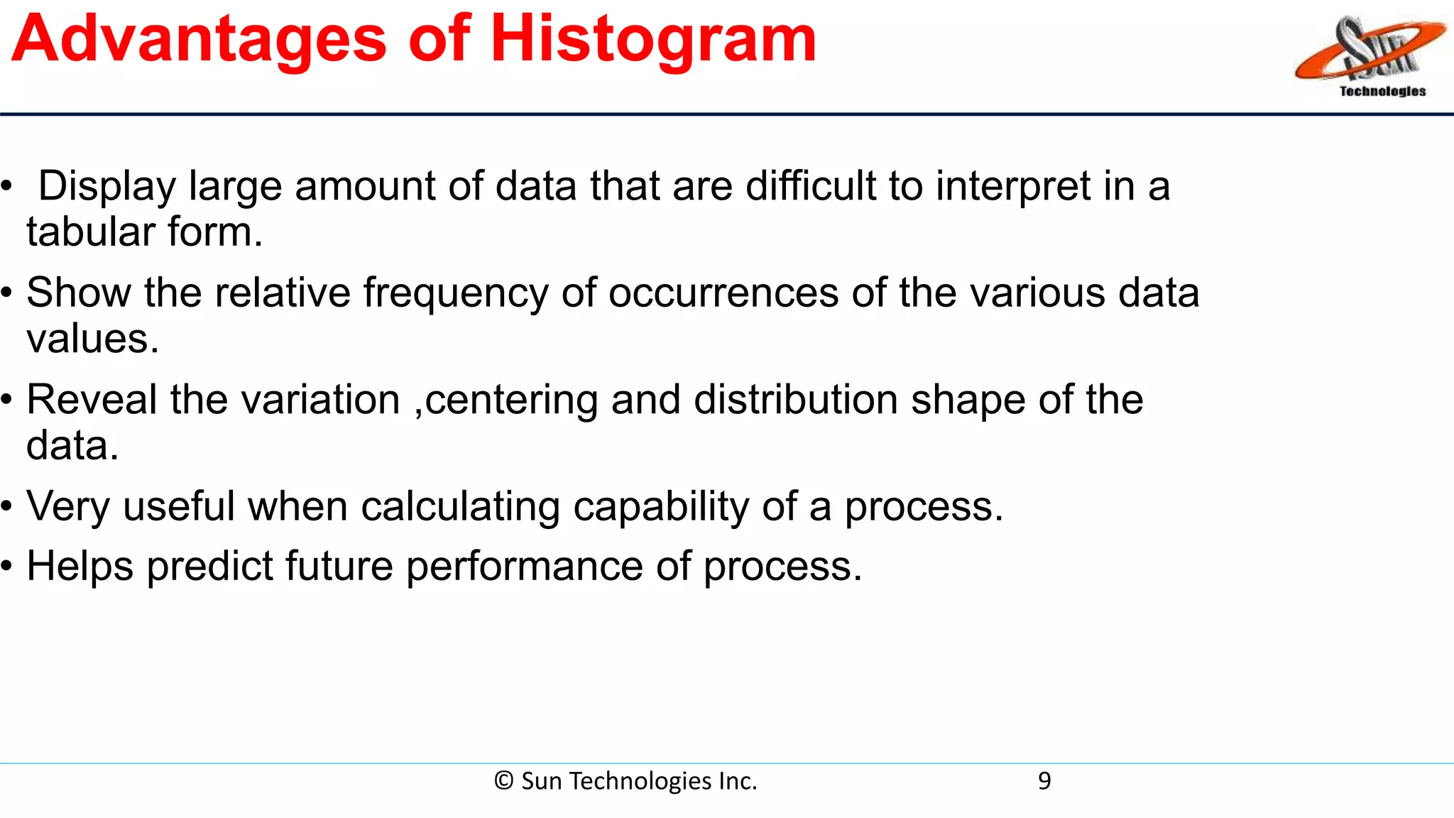 Advantages of Histogram
• Display large amount of data that are difficult to interpret in a
tabular form.
• Show the relative frequency of occurrences of the various data
values.
• Reveal the variation ,centering and distribution shape of the
data.
• Very useful when calculating capability of a process.
• Helps predict future performance of process.
© Sun Technologies Inc. 9
 