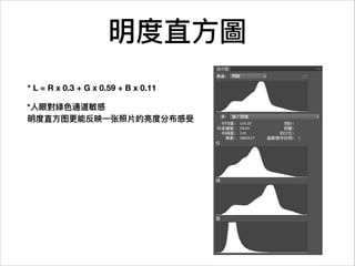 * L = R x 0.3 + G x 0.59 + B x 0.11
*
 