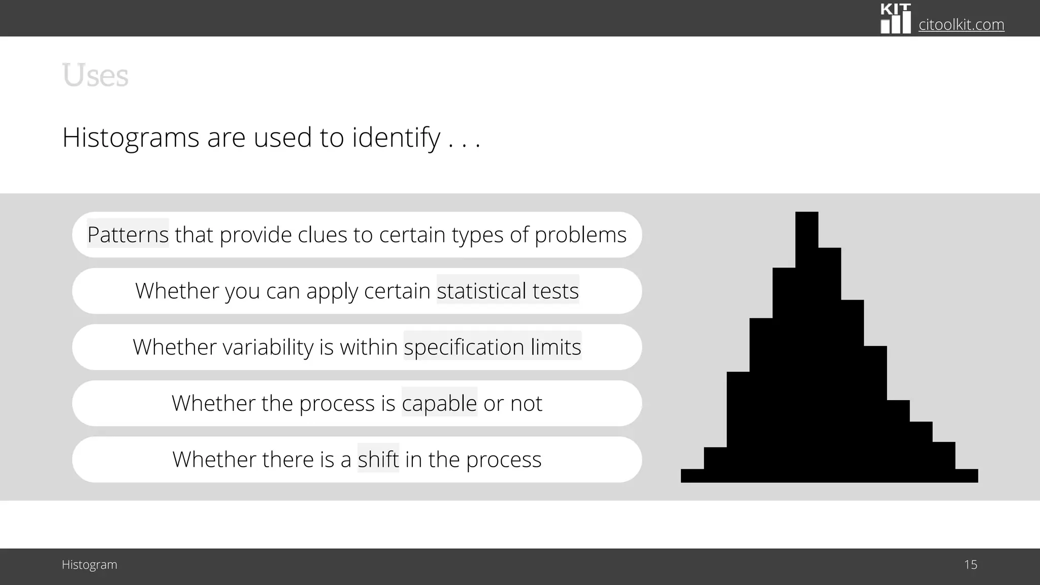 citoolkit.com
Uses
Histograms are used to identify . . .
Histogram 15
Whether the process is capable or not
Whether variability is within specification limits
Whether there is a shift in the process
Whether you can apply certain statistical tests
Patterns that provide clues to certain types of problems
 