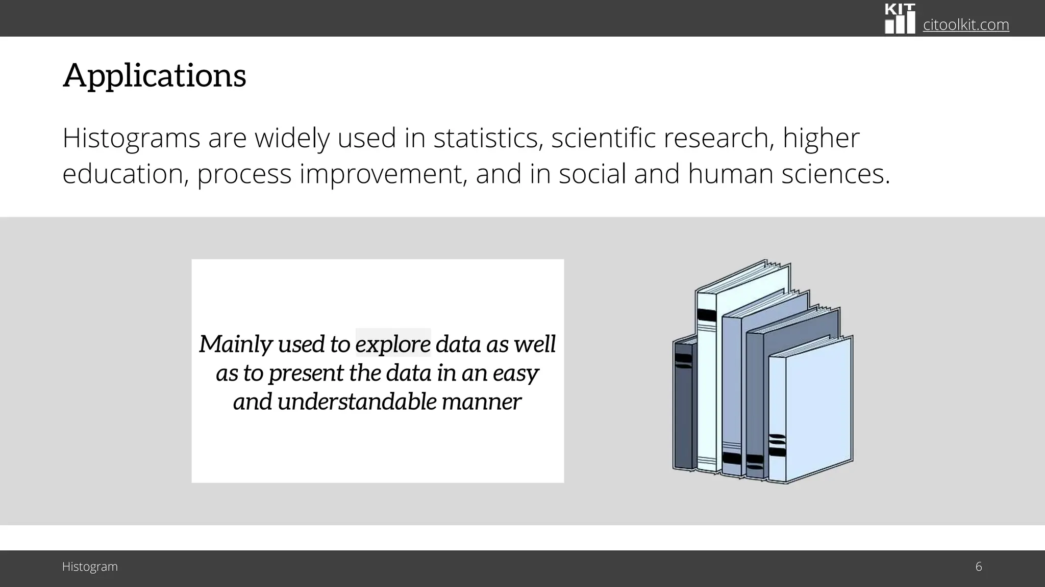 citoolkit.com
Applications
Histograms are widely used in statistics, scientific research, higher
education, process improvement, and in social and human sciences.
Histogram 6
Mainly used to explore data as well
as to present the data in an easy
and understandable manner
 