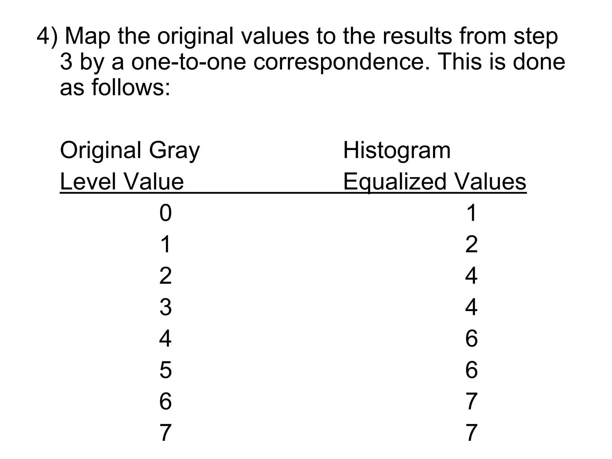 4) Map the original values to the results from step
3 by a one-to-one correspondence. This is done
as follows:
Original Gray Histogram
Level Value Equalized Values
0 1
1 2
2 4
3 4
4 6
5 6
6 7
7 7
 