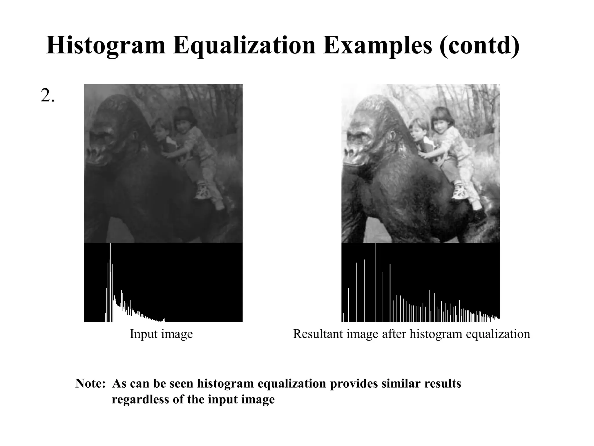 Input image Resultant image after histogram equalization
Histogram Equalization Examples (contd)
2.
Note: As can be seen histogram equalization provides similar results
regardless of the input image
 