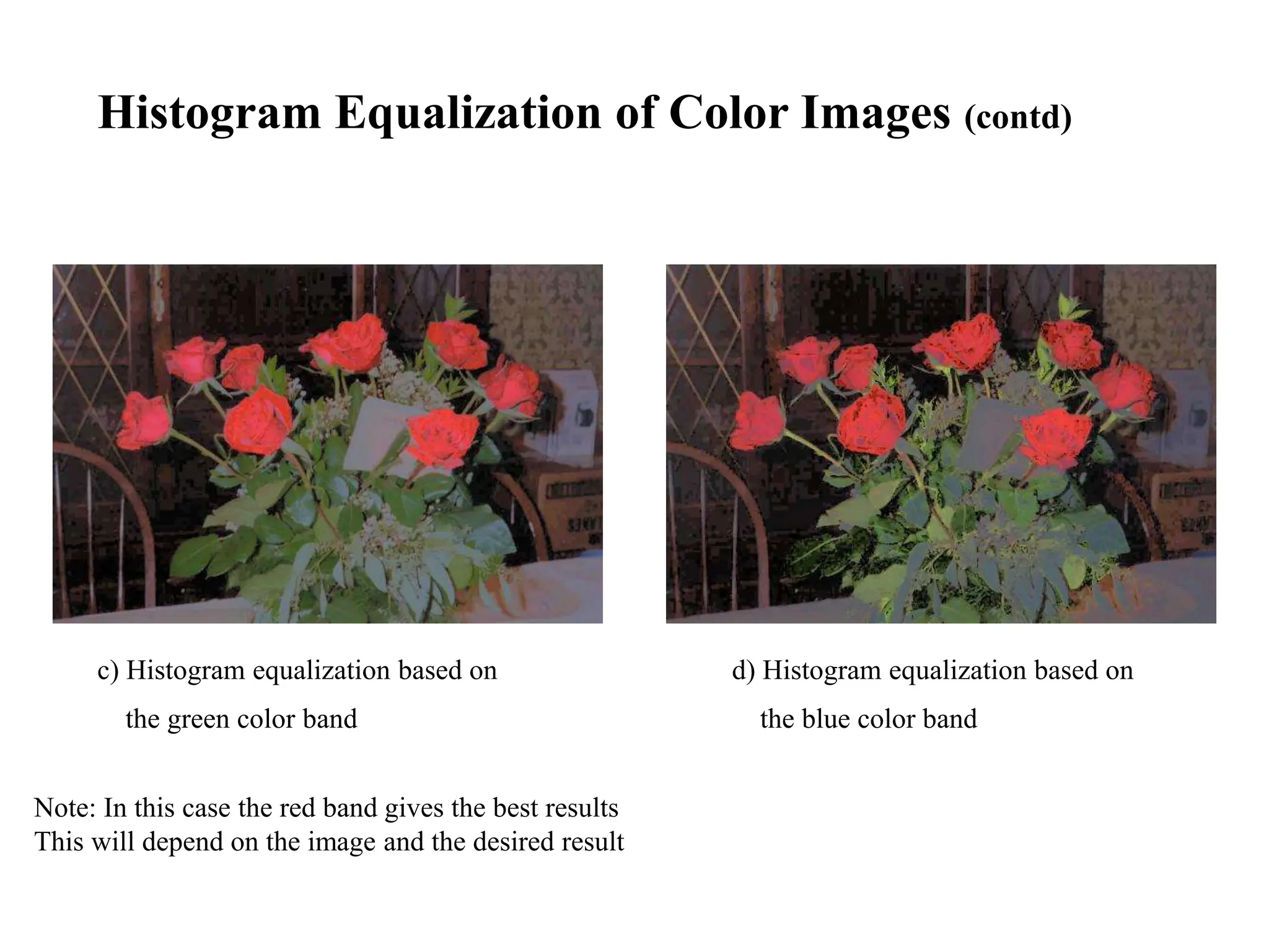 Histogram Equalization of Color Images (contd)
c) Histogram equalization based on
the green color band
d) Histogram equalization based on
the blue color band
Note: In this case the red band gives the best results
This will depend on the image and the desired result
 