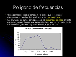 Polígono de frecuencias Utiliza segmentos lineales conectados a puntos que se localizan directamente por encima de los valores de las  marcas de clase . Las alturas de los puntos corresponden a las  frecuencias de clase , en tanto que los segmentos lineales se extienden hacia la derecha y la izquierda, de manera que la gráfica inicia y termina sobre el eje horizontal. 