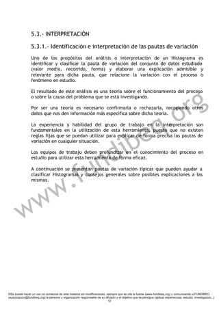 5.3.- INTERPRETACIÓN

                 5.3.1.- Identificación e interpretación de las pautas de variación
                 Uno de los propósitos del análisis o interpretación de un Histograma es
                 identificar y clasificar la pauta de variación del conjunto de datos estudiado
                 (valor medio, recorrido, forma) y elaborar una explicación admisible y
                 relevante para dicha pauta, que relacione la variación con el proceso o
                 fenómeno en estudio.




                                                                                                                        g
                 El resultado de este análisis es una teoría sobre el funcionamiento del proceso



                                                                                                                      r
                 o sobre la causa del problema que se está investigando.




                                                                                                                   .o
                 Por ser una teoría es necesario confirmarla o rechazarla, recogiendo otros
                 datos que nos den información más específica sobre dicha teoría.




                                                                           e
                 La experiencia y habilidad del grupo de trabajo en la interpretación son

                                                                                                                 q
                                                                         ib
                 fundamentales en la utilización de esta herramienta, puesto que no existen
                 reglas fijas que se puedan utilizar para explicar de forma precisa las pautas de
                 variación en cualquier situación.




                                                                      n d
                 Los equipos de trabajo deben profundizar en el conocimiento del proceso en




                                                    u
                 estudio para utilizar esta herramienta de forma eficaz.




                                                . f
                 A continuación se presentan pautas de variación típicas que pueden ayudar a
                 clasificar Histogramas y consejos generales sobre posibles explicaciones a las




                        w
                 mismas.




         w            w


©Se puede hacer un uso no comercial de este material sin modificaciones, siempre que se cite la fuente (www.fundibeq.org) y comunicando a FUNDIBEQ
(autorizacion@fundibeq.org) la persona u organización responsable de su difusión y el objetivo que se persigue (aplicar experiencias, estudio, investigación..)
                                                                          12
 