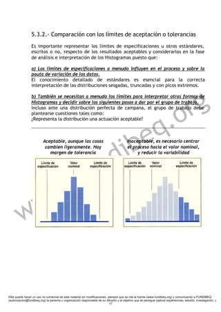 5.3.2.- Comparación con los límites de aceptación o tolerancias
                 Es importante representar los límites de especificaciones u otros estándares,
                 escritos o no, respecto de los resultados aceptables y considerarlos en la fase
                 de análisis e interpretación de los Histogramas puesto que:

                 a) Los límites de especificaciones a menudo influyen en el proceso y sobre la
                 pauta de variación de los datos.
                 El conocimiento detallado de estándares es esencial para la correcta
                 interpretación de las distribuciones sesgadas, truncadas y con picos extremos.




                                                                                                                      r g
                 b) También se necesitan a menudo los límites para interpretar otras formas de
                 Histogramas y decidir sobre los siguientes pasos a dar por el grupo de trabajo.




                                                                                                                   .o
                 Incluso ante una distribución perfecta de campana, el grupo de trabajo debe
                 plantearse cuestiones tales como:



                                                                                                                 q
                 ¿Representa la distribución una actuación aceptable?



                          Aceptable, aunque las cosas


                                                                         ibe              Inaceptable, es necesario centrar



                                                                        d
                           cambien ligeramente. Hay                                       el proceso hacia el valor nominal,




                                                                      n
                             margen de tolerancia                                              y reducir la variabilidad




                                                . f u
                      w w
         w

©Se puede hacer un uso no comercial de este material sin modificaciones, siempre que se cite la fuente (www.fundibeq.org) y comunicando a FUNDIBEQ
(autorizacion@fundibeq.org) la persona u organización responsable de su difusión y el objetivo que se persigue (aplicar experiencias, estudio, investigación..)
                                                                          17
 