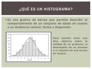  Es una grafica de barras que permite describir el
comportamiento de un conjunto de datos en cuanto
a su tendencia central, forma y dispersión.
¿QUÉ ES UN HISTOGRAMA?
Hace posible tener una
idea objetiva sobre la
calidad de un producto, el
desempeño de un proceso
o el impacto de una acción
de mejora.
 