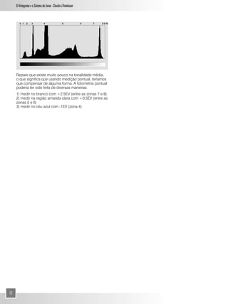 O Histograma e o Sistema de Zonas - Claudio J Rombauer




     Repare que existe muito pouco na tonalidade média,
     o que significa que usando medição pontual, teríamos
     que compensar de alguma forma. A fotometria pontual
     poderia ter sido feita de diversas maneiras:
     1) medir no branco com +2.5EV (entre as zonas 7 e 8)
     2) medir na região amarela clara com +0.5EV (entre as
     zonas 5 e 6)
     3) medir no céu azul com -1EV (zona 4)




12
 