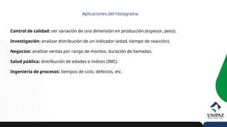 Aplicaciones del histograma
Control de calidad: ver variación de una dimensión en producción (espesor, peso).
Investigación: analizar distribución de un indicador (edad, tiempo de reacción).
Negocios: analizar ventas por rango de montos, duración de llamadas.
Salud pública: distribución de edades o índices (IMC).
Ingeniería de procesos: tiempos de ciclo, defectos, etc.
 