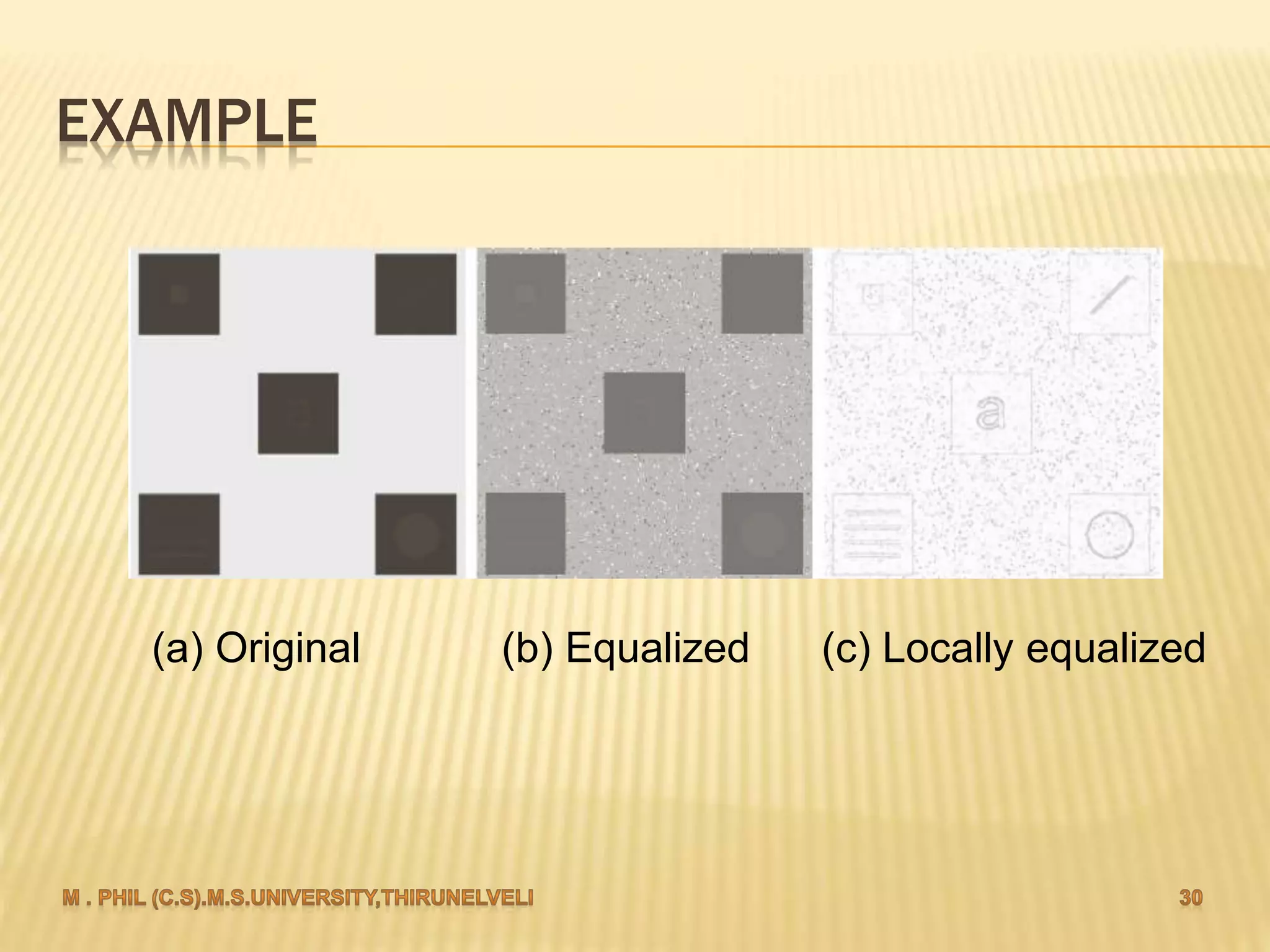 EXAMPLE
(a) Original (b) Equalized (c) Locally equalized
 