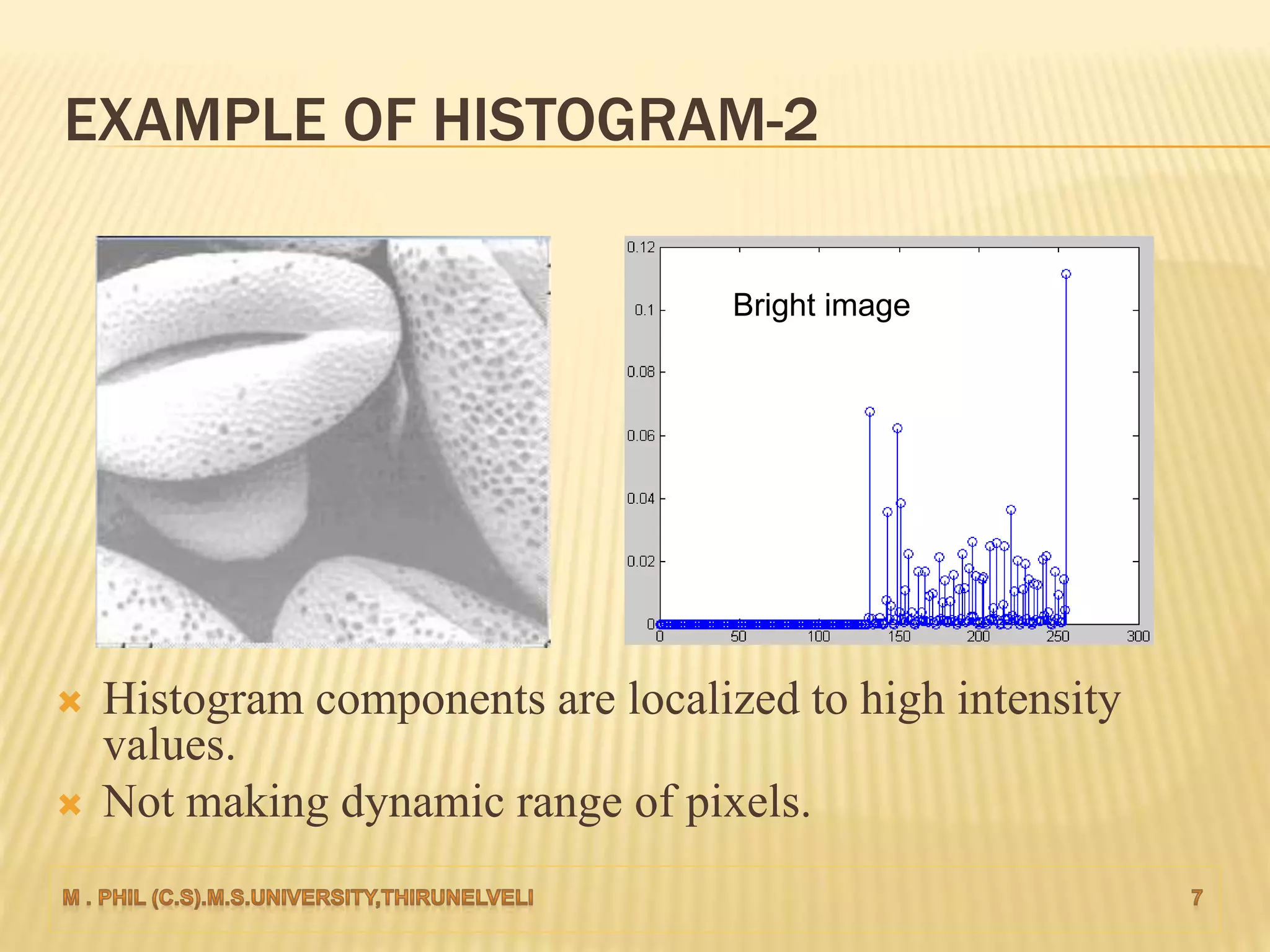  Histogram components are localized to high intensity
values.
 Not making dynamic range of pixels.
EXAMPLE OF HISTOGRAM-2
Bright image
 