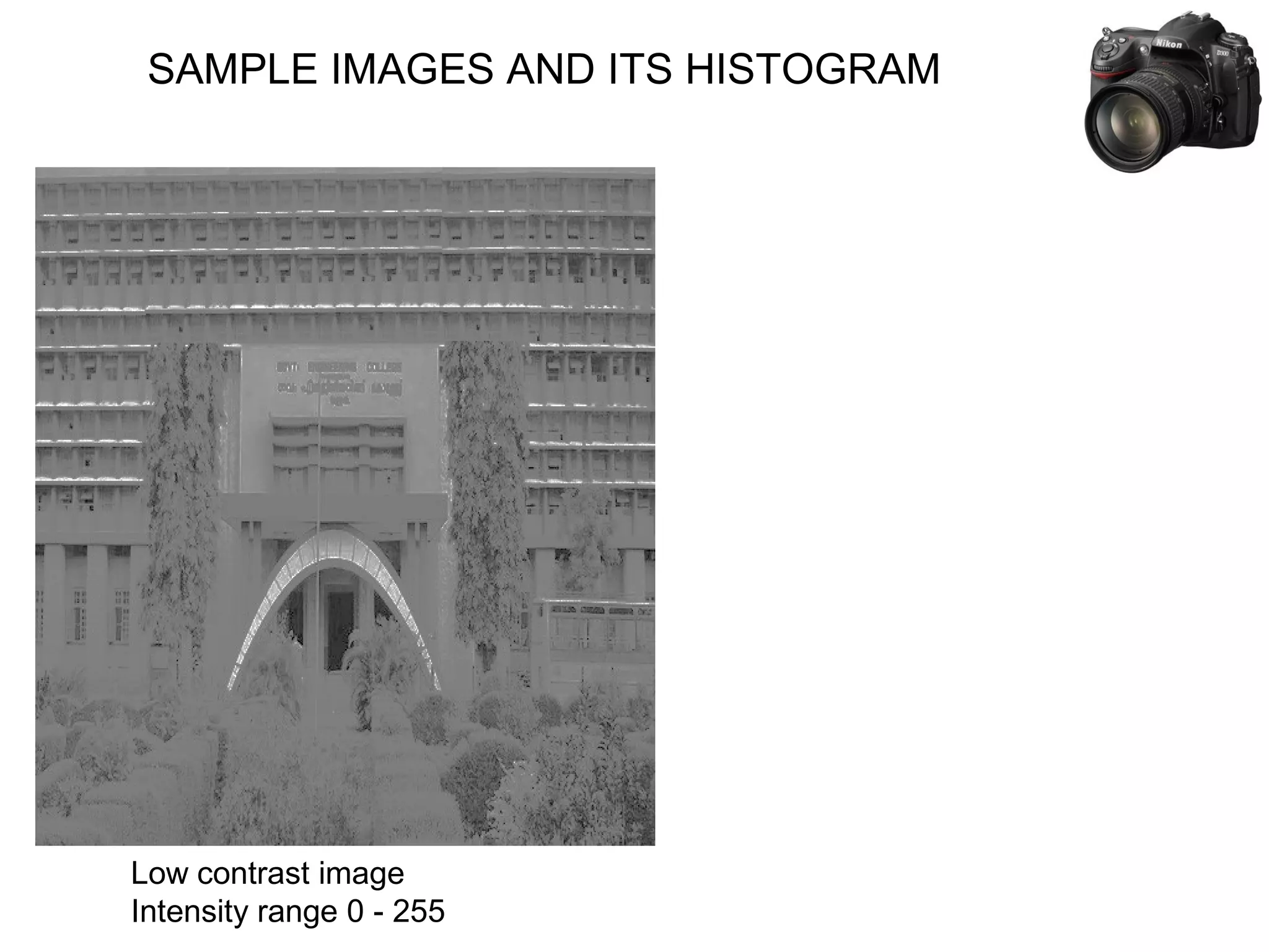 SAMPLE IMAGES AND ITS HISTOGRAM
Low contrast image
Intensity range 0 - 255
 