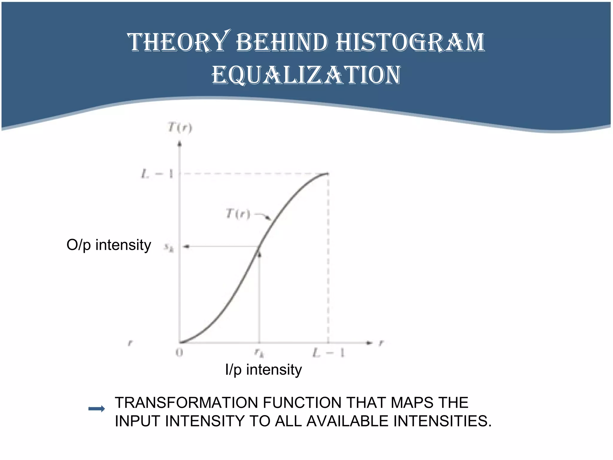 thEorY BEhiND histogram
EQUaLiZatioN
TRANSFORMATION FUNCTION THAT MAPS THE
INPUT INTENSITY TO ALL AVAILABLE INTENSITIES.
I/p intensity
O/p intensity
 
