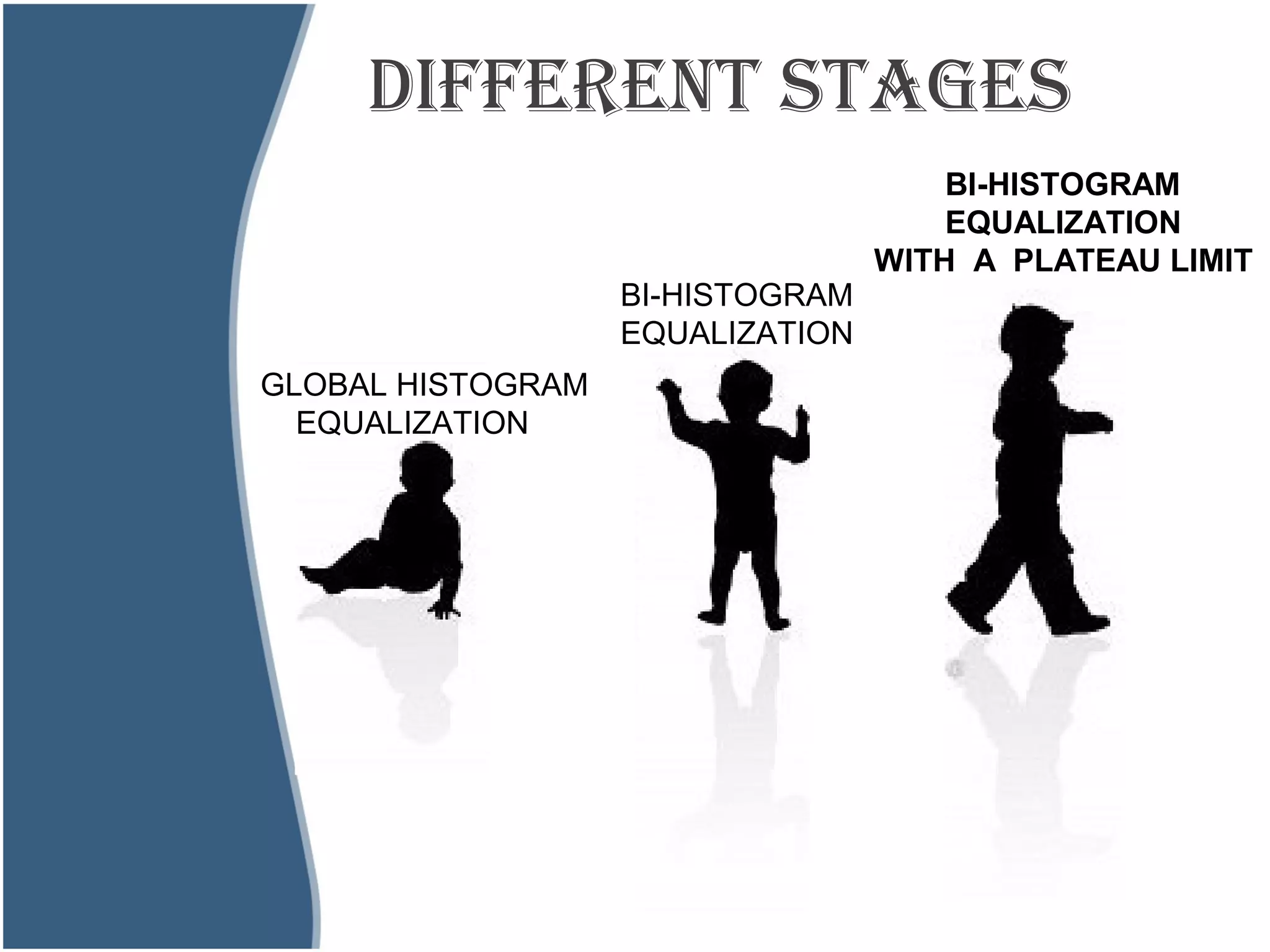 DIFFERENT STAGES
GLOBAL HISTOGRAM
EQUALIZATION
BI-HISTOGRAM
EQUALIZATION
BI-HISTOGRAM
EQUALIZATION
WITH A PLATEAU LIMIT
 