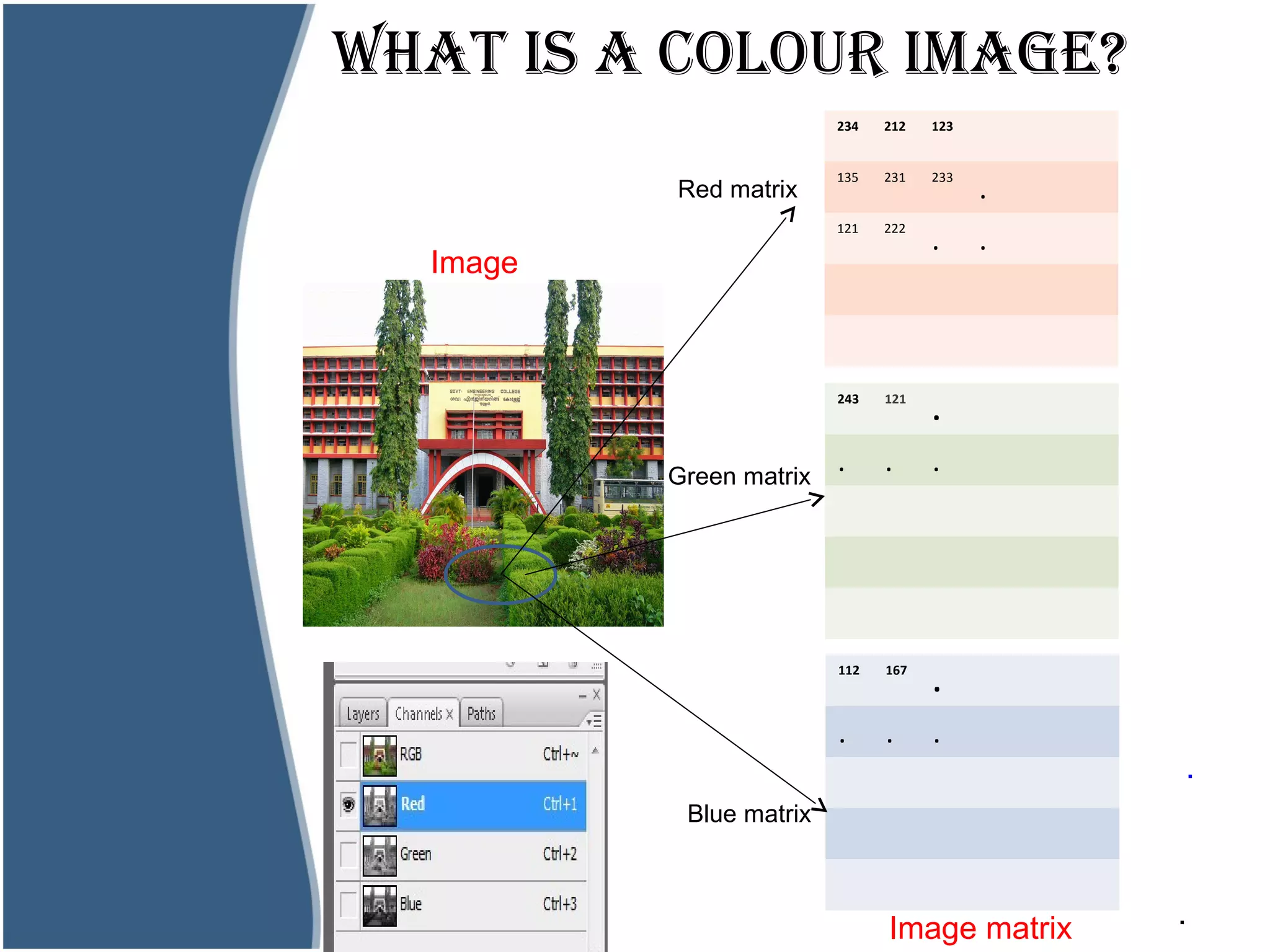 Image matrix
Image
wHAT IS A COLOUR IMAGE?
234 212 123
135 231 233
.
121 222
. .
243 121
.
. . .
112 167
.
. . .
Red matrix
Green matrix
Blue matrix
.
.
 