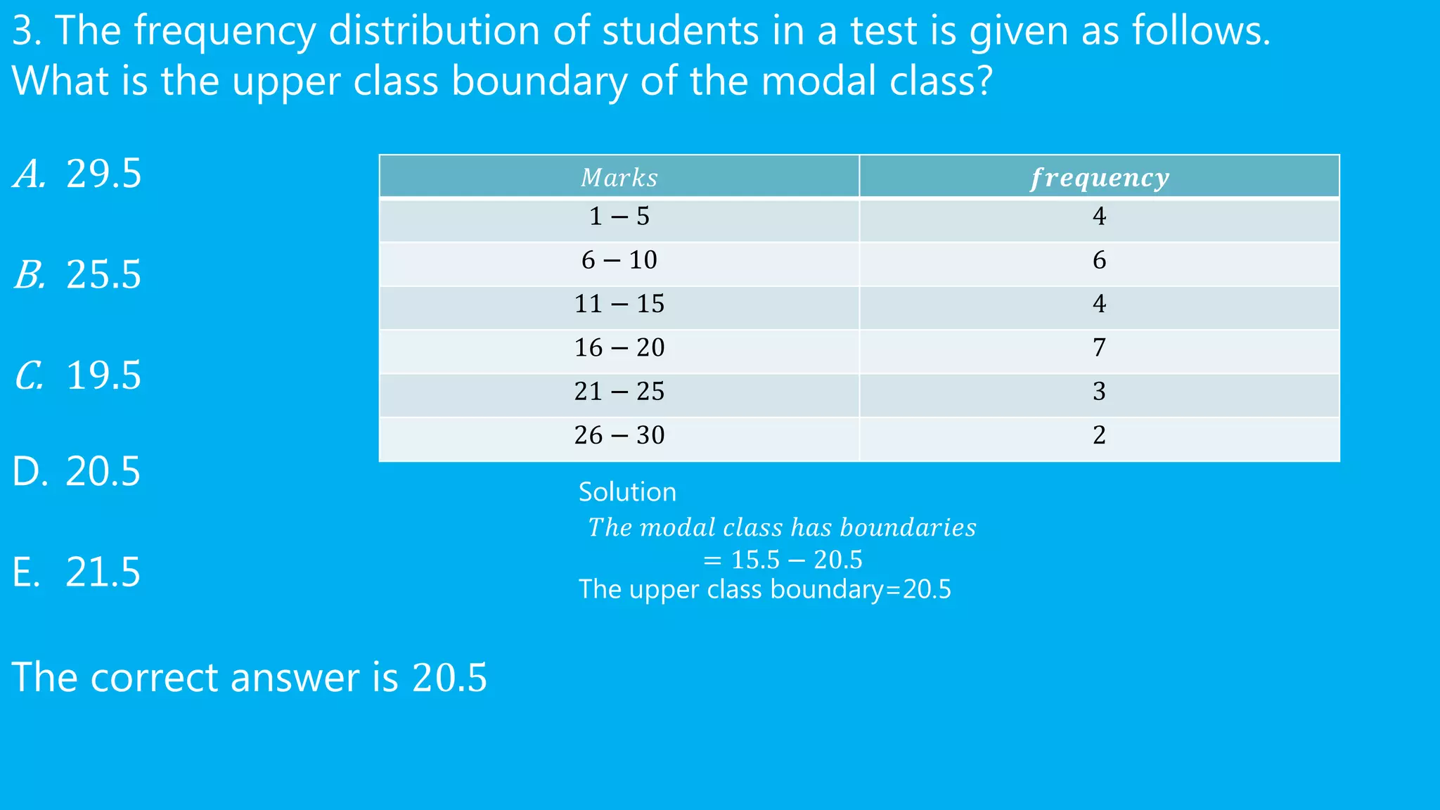 3. The frequency distribution of students in a test is given as follows.
What is the upper class boundary of the modal class?
A. 29.5
B. 25.5
C. 19.5
D. 20.5
E. 21.5
The correct answer is 20.5
𝑀𝑎𝑟𝑘𝑠 𝒇𝒓𝒆𝒒𝒖𝒆𝒏𝒄𝒚
1 − 5 4
6 − 10 6
11 − 15 4
16 − 20 7
21 − 25 3
26 − 30 2
Solution
𝑇ℎ𝑒 𝑚𝑜𝑑𝑎𝑙 𝑐𝑙𝑎𝑠𝑠 ℎ𝑎𝑠 𝑏𝑜𝑢𝑛𝑑𝑎𝑟𝑖𝑒𝑠
= 15.5 − 20.5
The upper class boundary=20.5
 