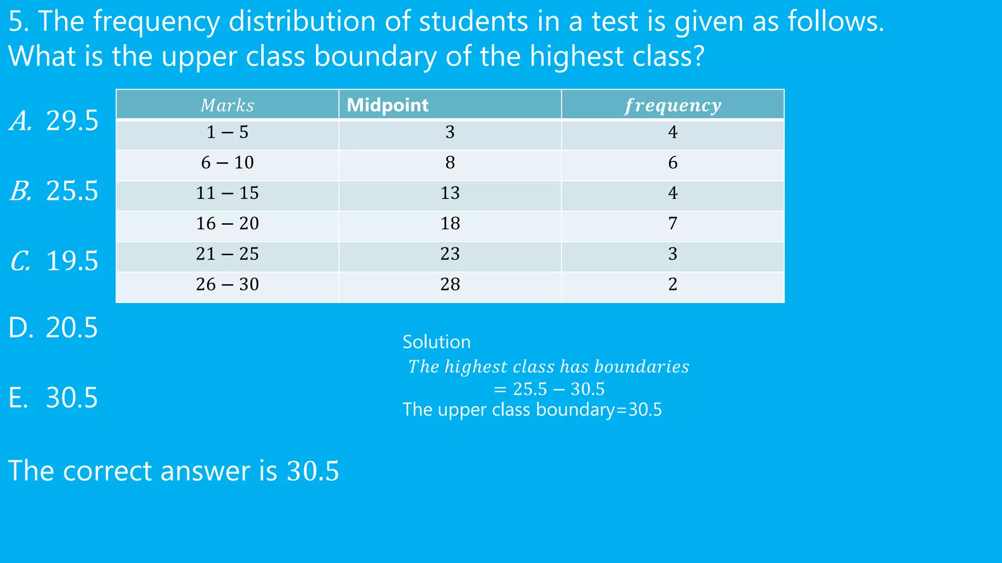 5. The frequency distribution of students in a test is given as follows.
What is the upper class boundary of the highest class?
A. 29.5
B. 25.5
C. 19.5
D. 20.5
E. 30.5
The correct answer is 30.5
𝑀𝑎𝑟𝑘𝑠 Midpoint 𝒇𝒓𝒆𝒒𝒖𝒆𝒏𝒄𝒚
1 − 5 3 4
6 − 10 8 6
11 − 15 13 4
16 − 20 18 7
21 − 25 23 3
26 − 30 28 2
Solution
𝑇ℎ𝑒 ℎ𝑖𝑔ℎ𝑒𝑠𝑡 𝑐𝑙𝑎𝑠𝑠 ℎ𝑎𝑠 𝑏𝑜𝑢𝑛𝑑𝑎𝑟𝑖𝑒𝑠
= 25.5 − 30.5
The upper class boundary=30.5
 