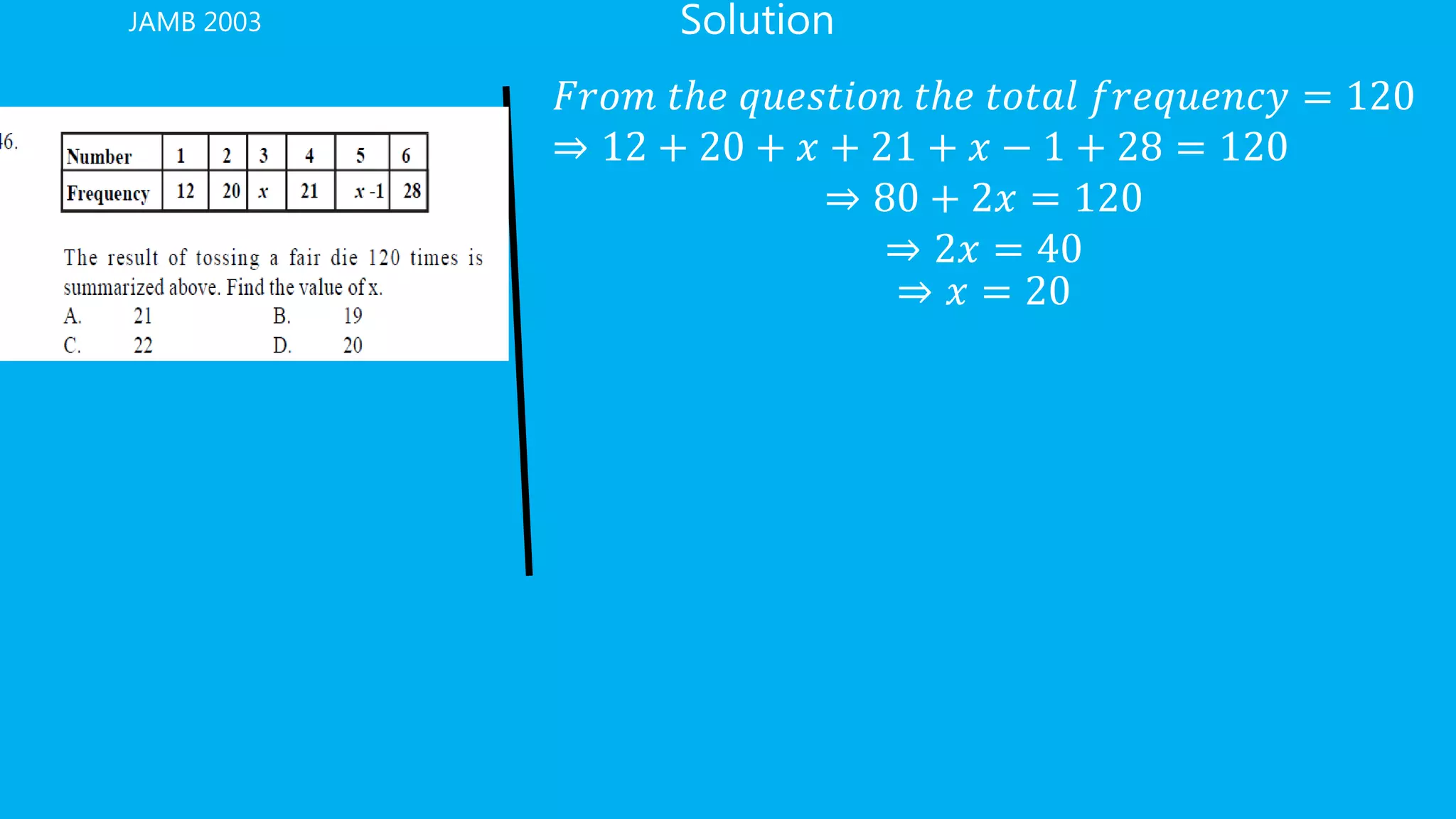 SolutionJAMB 2003
𝐹𝑟𝑜𝑚 𝑡ℎ𝑒 𝑞𝑢𝑒𝑠𝑡𝑖𝑜𝑛 𝑡ℎ𝑒 𝑡𝑜𝑡𝑎𝑙 𝑓𝑟𝑒𝑞𝑢𝑒𝑛𝑐𝑦 = 120
⇒ 12 + 20 + 𝑥 + 21 + 𝑥 − 1 + 28 = 120
⇒ 80 + 2𝑥 = 120
⇒ 2𝑥 = 40
⇒ 𝑥 = 20
 