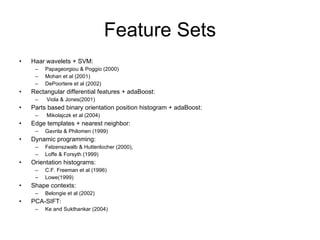 Feature Sets Haar wavelets + SVM:  Papageorgiou & Poggio (2000) Mohan et al (2001) DePoortere et al (2002) Rectangular differential features + adaBoost: Viola & Jones(2001) Parts based binary orientation position histogram + adaBoost: Mikolajczk et al (2004) Edge templates + nearest neighbor:  Gavrila & Philomen (1999) Dynamic programming:  Felzenszwalb & Huttenlocher (2000),  Loffe & Forsyth (1999) Orientation histograms:  C.F. Freeman et al (1996) Lowe(1999) Shape contexts:  Belongie et al (2002) PCA-SIFT:  Ke and Sukthankar (2004) 