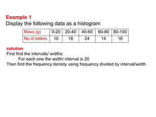 Example 1
Display the following data as a histogram
         Mass (g)        0-20   20-40   40-60   60-80 80-100
         No of letters   10      18      24      14       18

solution
First find the intervals/ widths:
        For each one the width/ interval is 20
Then find the frequency density using frequency divided by interval/width
 
