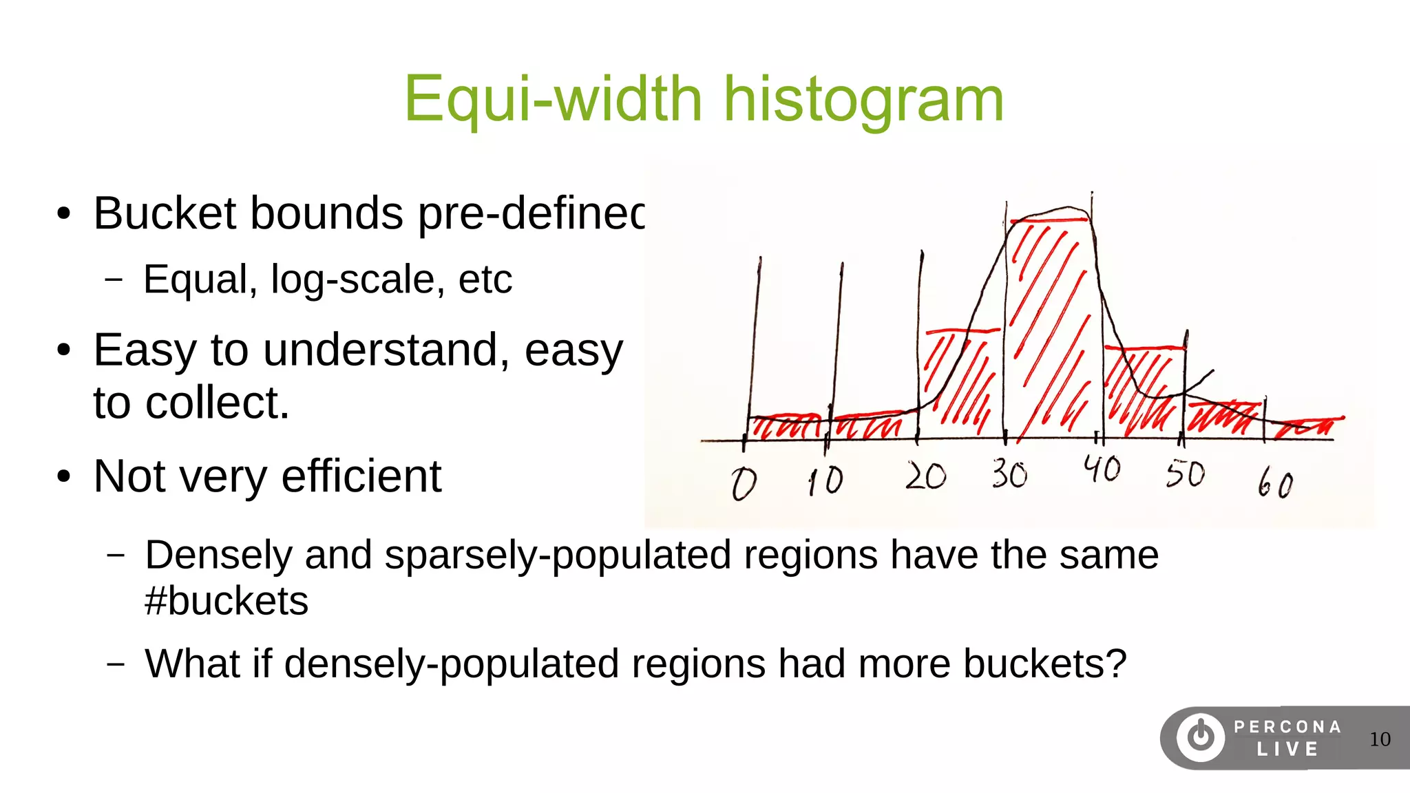10
Equi-width histogram
● Bucket bounds pre-defined
– Equal, log-scale, etc
● Easy to understand, easy
to collect.
● Not very efficient
– Densely and sparsely-populated regions have the same
#buckets
– What if densely-populated regions had more buckets?
 