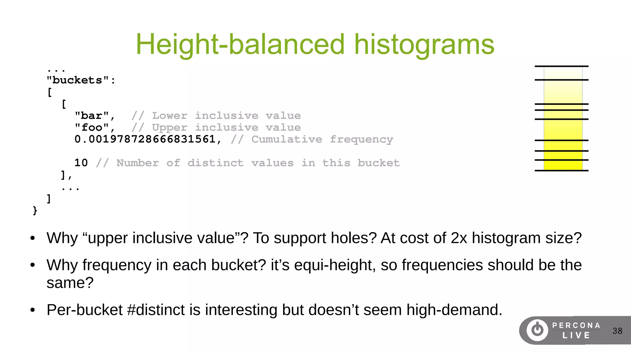 38
Height-balanced histograms
...
"buckets":
[
[
"bar", // Lower inclusive value
"foo", // Upper inclusive value
0.001978728666831561, // Cumulative frequency
10 // Number of distinct values in this bucket
],
...
]
}
● Why “upper inclusive value”? To support holes? At cost of 2x histogram size?
● Why frequency in each bucket? it’s equi-height, so frequencies should be the
same?
● Per-bucket #distinct is interesting but doesn’t seem high-demand.
 