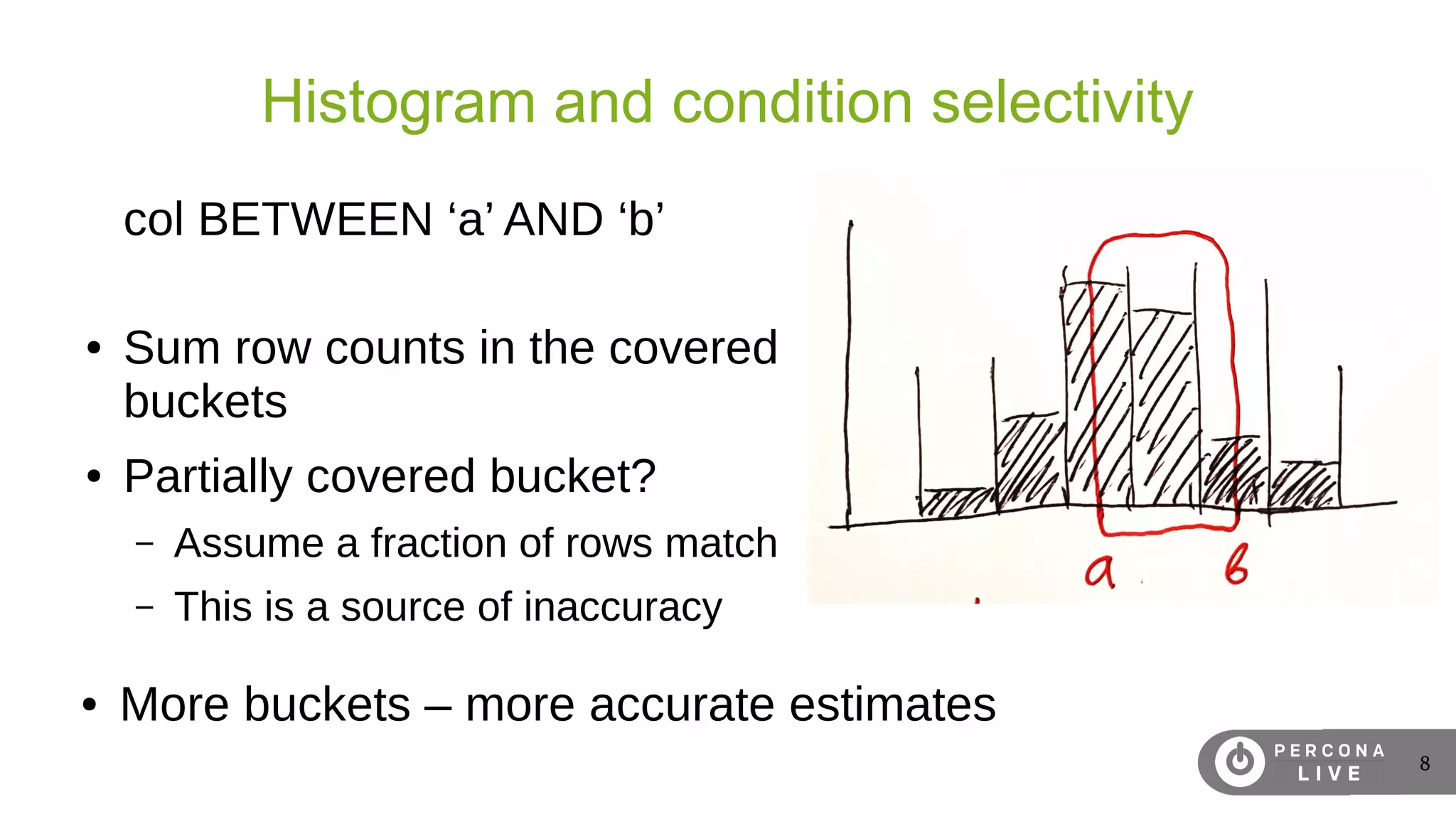 8
Histogram and condition selectivity
col BETWEEN ‘a’ AND ‘b’
● Sum row counts in the covered
buckets
● Partially covered bucket?
– Assume a fraction of rows match
– This is a source of inaccuracy
● More buckets – more accurate estimates
 