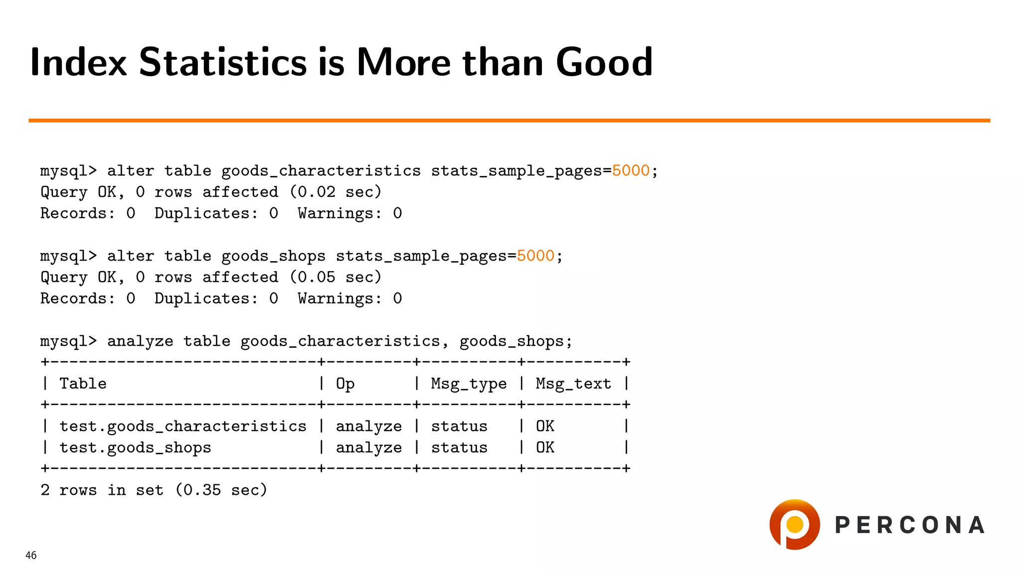 mysql> alter table goods_characteristics stats_sample_pages=5000;
Query OK, 0 rows affected (0.02 sec)
Records: 0 Duplicates: 0 Warnings: 0
mysql> alter table goods_shops stats_sample_pages=5000;
Query OK, 0 rows affected (0.05 sec)
Records: 0 Duplicates: 0 Warnings: 0
mysql> analyze table goods_characteristics, goods_shops;
+----------------------------+---------+----------+----------+
| Table | Op | Msg_type | Msg_text |
+----------------------------+---------+----------+----------+
| test.goods_characteristics | analyze | status | OK |
| test.goods_shops | analyze | status | OK |
+----------------------------+---------+----------+----------+
2 rows in set (0.35 sec)
Index Statistics is More than Good
46
 