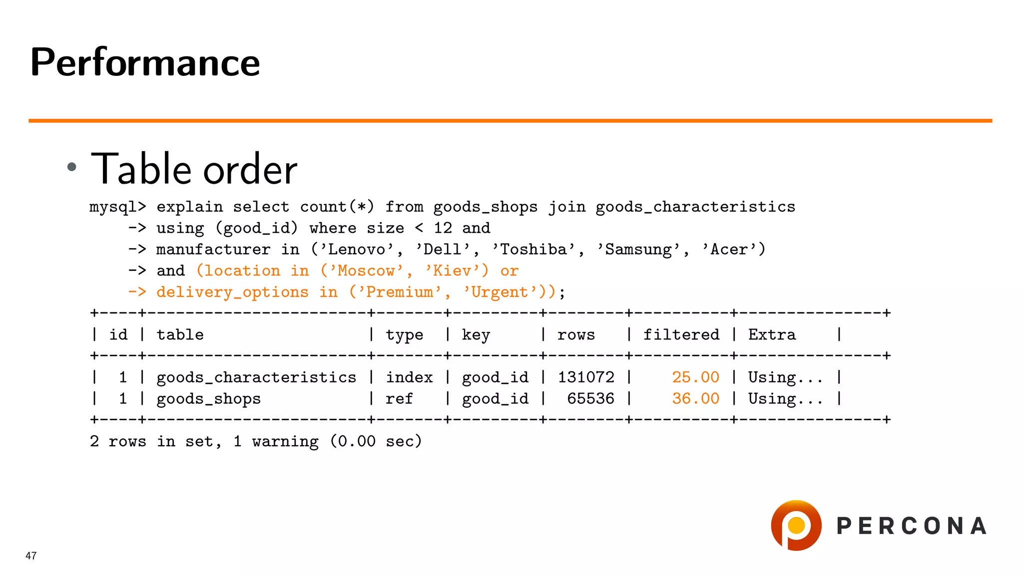 • Table order
mysql> explain select count(*) from goods_shops join goods_characteristics
-> using (good_id) where size < 12 and
-> manufacturer in (’Lenovo’, ’Dell’, ’Toshiba’, ’Samsung’, ’Acer’)
-> and (location in (’Moscow’, ’Kiev’) or
-> delivery_options in (’Premium’, ’Urgent’));
+----+-----------------------+-------+---------+--------+----------+---------------+
| id | table | type | key | rows | filtered | Extra |
+----+-----------------------+-------+---------+--------+----------+---------------+
| 1 | goods_characteristics | index | good_id | 131072 | 25.00 | Using... |
| 1 | goods_shops | ref | good_id | 65536 | 36.00 | Using... |
+----+-----------------------+-------+---------+--------+----------+---------------+
2 rows in set, 1 warning (0.00 sec)
Performance
47
 