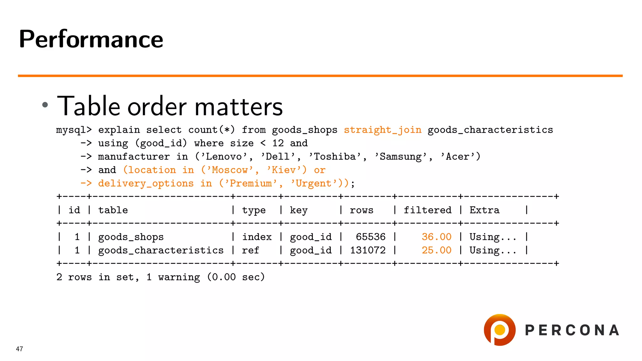 • Table order matters
mysql> explain select count(*) from goods_shops straight_join goods_characteristics
-> using (good_id) where size < 12 and
-> manufacturer in (’Lenovo’, ’Dell’, ’Toshiba’, ’Samsung’, ’Acer’)
-> and (location in (’Moscow’, ’Kiev’) or
-> delivery_options in (’Premium’, ’Urgent’));
+----+-----------------------+-------+---------+--------+----------+---------------+
| id | table | type | key | rows | filtered | Extra |
+----+-----------------------+-------+---------+--------+----------+---------------+
| 1 | goods_shops | index | good_id | 65536 | 36.00 | Using... |
| 1 | goods_characteristics | ref | good_id | 131072 | 25.00 | Using... |
+----+-----------------------+-------+---------+--------+----------+---------------+
2 rows in set, 1 warning (0.00 sec)
Performance
47
 