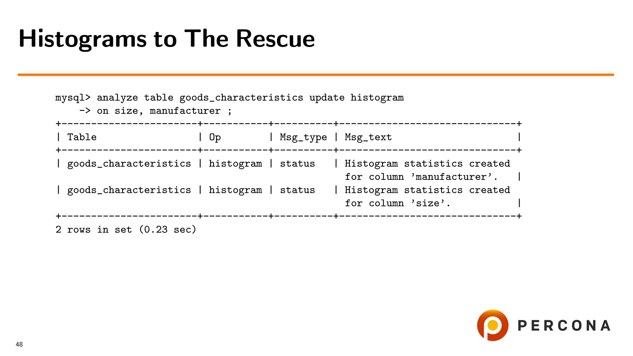 mysql> analyze table goods_characteristics update histogram
-> on size, manufacturer ;
+-----------------------+-----------+----------+------------------------------+
| Table | Op | Msg_type | Msg_text |
+-----------------------+-----------+----------+------------------------------+
| goods_characteristics | histogram | status | Histogram statistics created
for column ’manufacturer’. |
| goods_characteristics | histogram | status | Histogram statistics created
for column ’size’. |
+-----------------------+-----------+----------+------------------------------+
2 rows in set (0.23 sec)
Histograms to The Rescue
48
 