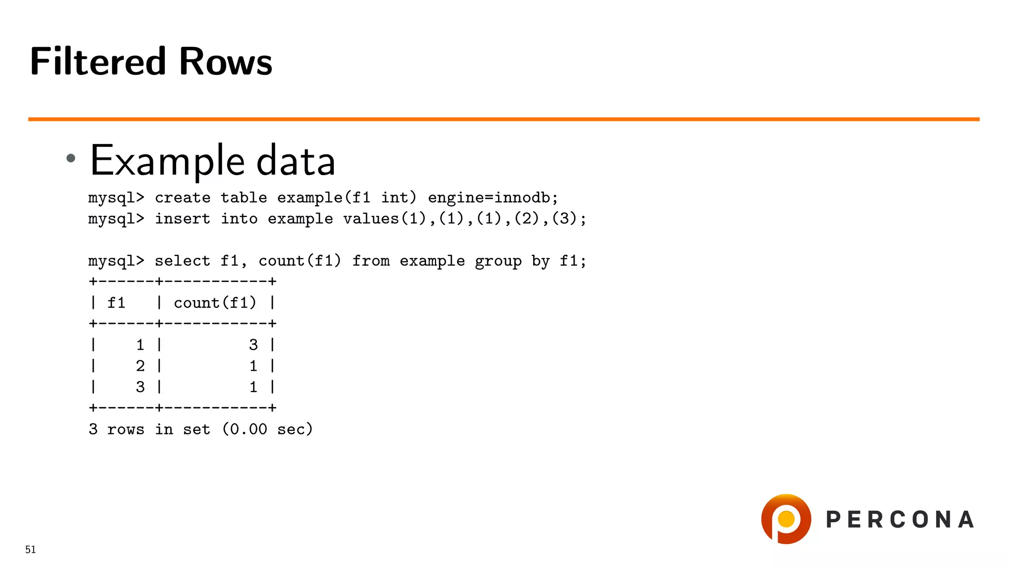 • Example data
mysql> create table example(f1 int) engine=innodb;
mysql> insert into example values(1),(1),(1),(2),(3);
mysql> select f1, count(f1) from example group by f1;
+------+-----------+
| f1 | count(f1) |
+------+-----------+
| 1 | 3 |
| 2 | 1 |
| 3 | 1 |
+------+-----------+
3 rows in set (0.00 sec)
Filtered Rows
51
 