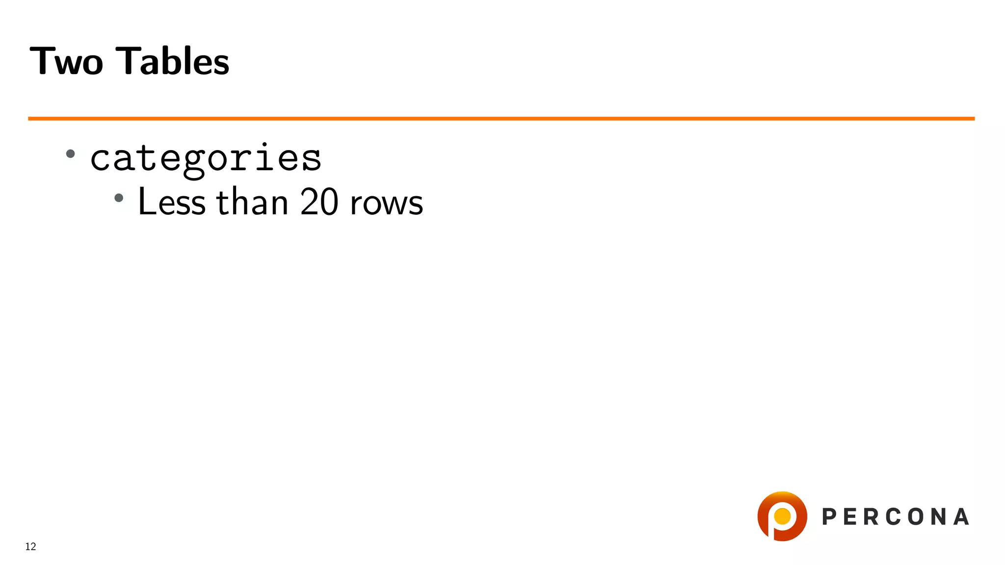 •
categories
• Less than 20 rows
Two Tables
12
 
