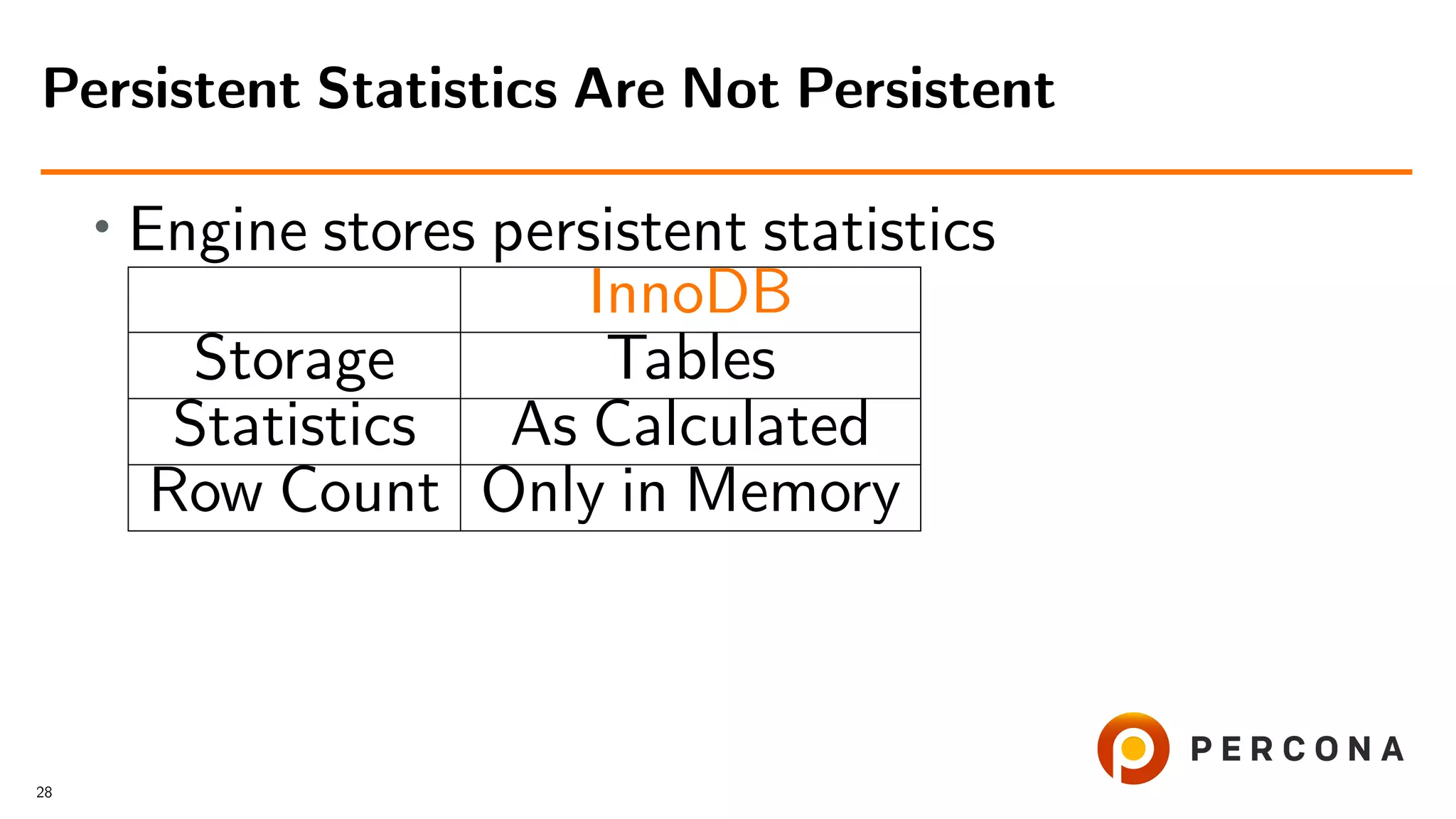 • Engine stores persistent statistics
InnoDB
Storage Tables
Statistics As Calculated
Row Count Only in Memory
Persistent Statistics Are Not Persistent
28
 