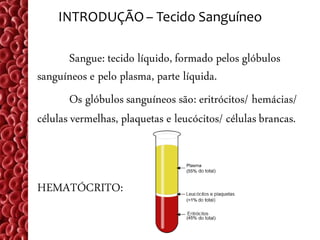INTRODUÇÃO – Tecido Sanguíneo

        Sangue: tecido líquido, formado pelos glóbulos
sanguíneos e pelo plasma, parte líquida.
        Os glóbulos sanguíneos são: eritrócitos/ hemácias/
células vermelhas, plaquetas e leucócitos/ células brancas.



HEMATÓCRITO:
 