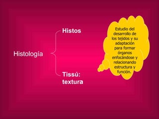 Histología Histos Tissú: textur a   Estudio del desarrollo de los tejidos y su adaptación para formar órganos enfocándose y relacionando estructura y función.  