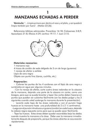 Historias objetivas para evangelismo



                     1
         MANZANAS ECHADAS A PERDER
        Versículo: "…Limpia primero por dentro el vaso y el plato, y así quedará
     limpio también por fuera". (Mateo 23:26).

       Referencias bíblicas adicionales: Proverbios 16:18; Colosenses 3:8,9;
     Apocalipsis 21:8; Efesios 4:29; Levítico 19:17; 1 Juan 3:15.




        Materiales necesarios:
        1 manzana roja
        4 trozos de cordón de seda delgado de 5 cm de largo (gusanos)
        1 navaja de afeitar o estilete
        Lápiz de cera negro
        Objeto con punta fina (tijeras, cuchillo, etc.)

         Preparación:
         - Coloree las puntas de los 4 cordones con el lápiz de cera negro y
     sumérjalos en agua por algunos minutos.
         - Con la navaja de afeitar, corte cuatro áreas redondas en la cáscara
     de la manzana, dejando una parte de la cáscara sin cortar, como una
     bisagra, para que se pueda levantar y tapar (los cortes deben hacerse en
     puntos que puedan ser cubiertos fácilmente con los dedos pulgar y los 3
     siguientes cuando usted sostenga la manzana durante la presentación).
        - Levante cada tapa de las áreas redondas y con el punzón haga
     huecos en la manzana hasta una profundidad de 2 ó 2 1⁄2 centímetros.
      - Luego con el punzón introduzca un gusano (cordón) en cada hueco, dejando
     la cabeza negra expuesta como para que se pueda sacar fácilmente.
       - Tape los huecos. Estas áreas deben quedar escondidas bajo los dedos
     cuando muestre la manzana a la clase. Debe usar la manzana inmedia-
     tamente después de prepararla, porque las áreas abiertas se oscurecerán
     rápidamente.
10
 