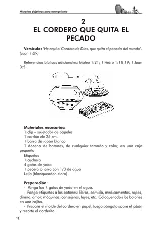 Historias objetivas para evangelismo



                          2
               EL CORDERO QUE QUITA EL
                       PECADO
        Versículo: "He aquí el Cordero de Dios, que quita el pecado del mundo".
     (Juan 1:29)

       Referencias bíblicas adicionales: Mateo 1:21; 1 Pedro 1:18,19; 1 Juan
     3:5




       Materiales necesarios:
       1 clip – sujetador de papeles
       1 cordón de 25 cm.
       1 barra de jabón blanco
       1 docena de botones, de cualquier tamaño y color, en una caja
     pequeña
       Etiquetas
       1 cuchara
       4 gotas de yodo
       1 pecera o jarra con 1/3 de agua
       Lejía (blanqueador, cloro)

        Preparación:
        - Ponga las 4 gotas de yodo en el agua.
        - Ponga etiquetas a los botones: libros, comida, medicamentos, ropas,
     dinero, amor, máquinas, consejeros, leyes, etc. Coloque todos los botones
     en una cajita.
        - Prepare el molde del cordero en papel, luego póngalo sobre el jabón
     y recorte el corderito.
12
 