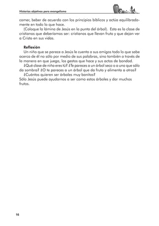 Historias objetivas para evangelismo


     comer, beber de acuerdo con los principios bíblicos y actúa equilibrada-
     mente en todo lo que hace.
        (Coloque la lámina de Jesús en la punta del árbol). Esta es la clase de
     cristianos que deberíamos ser: cristianos que llevan fruto y que dejan ver
     a Cristo en sus vidas.

        Reflexión
        Un niño que se parece a Jesús le cuenta a sus amigos todo lo que sabe
     acerca de él no sólo por medio de sus palabras, sino también a través de
     la manera en que juega, los gestos que hace y sus actos de bondad.
        ¿Qué clase de niño eres tú? ¿Te pareces a un árbol seco o a uno que sólo
     da sombra? ¿O te pareces a un árbol que da fruto y alimenta a otros?
        ¿Cuántos quieren ser árboles muy bonitos?
     Sólo Jesús puede ayudarnos a ser como estos árboles y dar muchos
     frutos.




16
 