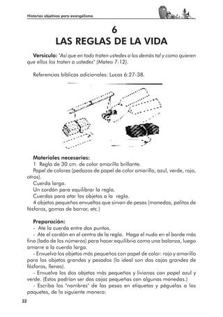 Historias objetivas para evangelismo



                              6
                    LAS REGLAS DE LA VIDA
       Versículo: "Así que en todo traten ustedes a los demás tal y como quieren
     que ellos los traten a ustedes" (Mateo 7:12).

        Referencias bíblicas adicionales: Lucas 6:27-38.




        Materiales necesarios:
        1 Regla de 30 cm. de color amarillo brillante.
        Papel de colores (pedazos de papel de color amarillo, azul, verde, rojo,
     otros).
        Cuerda larga.
        Un cordón para equilibrar la regla.
        Cuerdas para atar los objetos a la regla.
        4 objetos pequeños envueltos que sirvan de pesas (monedas, palitos de
     fósforos, gomas de borrar, etc.)

        Preparación:
        - Ate la cuerda entre dos puntos.
        - Ate el cordón en el centro de la regla. Haga el nudo en el borde más
     fino (lado de los números) para hacer equilibrio como una balanza, luego
     amarre a la cuerda larga.
        - Envuelva los objetos más pequeños con papel de color: rojo y amarillo
     para los objetos grandes y pesados (lo ideal son dos cajas grandes de
     fósforos, llenas).
        - Envuelva los dos objetos más pequeños y livianos con papel azul y
     verde. (Estos podrían ser dos cajas pequeñas con algunas monedas.)
        - Escriba los "nombres" de las pesas en etiquetas y péguelas a los
     paquetes, de la siguiente manera:
22
 