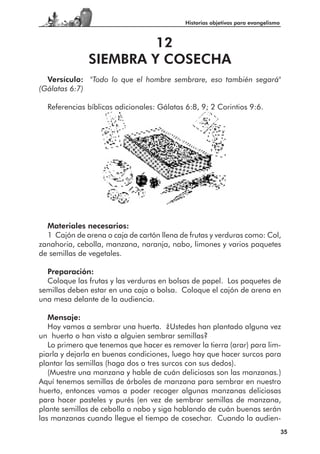 Historias objetivas para evangelismo



                        12
               SIEMBRA Y COSECHA
  Versículo: "Todo lo que el hombre sembrare, eso también segará"
(Gálatas 6:7)

  Referencias bíblicas adicionales: Gálatas 6:8, 9; 2 Corintios 9:6.




  Materiales necesarios:
  1 Cajón de arena o caja de cartón llena de frutas y verduras como: Col,
zanahoria, cebolla, manzana, naranja, nabo, limones y varios paquetes
de semillas de vegetales.

  Preparación:
  Coloque las frutas y las verduras en bolsas de papel. Los paquetes de
semillas deben estar en una caja o bolsa. Coloque el cajón de arena en
una mesa delante de la audiencia.

   Mensaje:
   Hoy vamos a sembrar una huerta. ¿Ustedes han plantado alguna vez
un huerto o han visto a alguien sembrar semillas?
   Lo primero que tenemos que hacer es remover la tierra (arar) para lim-
piarla y dejarla en buenas condiciones, luego hay que hacer surcos para
plantar las semillas (haga dos o tres surcos con sus dedos).
   (Muestre una manzana y hable de cuán deliciosas son las manzanas.)
Aquí tenemos semillas de árboles de manzana para sembrar en nuestro
huerto, entonces vamos a poder recoger algunas manzanas deliciosas
para hacer pasteles y purés (en vez de sembrar semillas de manzana,
plante semillas de cebolla o nabo y siga hablando de cuán buenas serán
las manzanas cuando llegue el tiempo de cosechar. Cuando la audien-
                                                                                   35
 