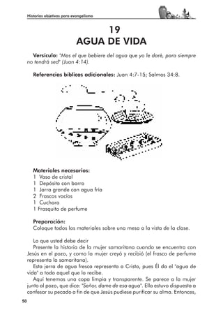 Historias objetivas para evangelismo



                                    19
                               AGUA DE VIDA
       Versículo: "Mas el que bebiere del agua que yo le daré, para siempre
     no tendrá sed" (Juan 4:14).

        Referencias bíblicas adicionales: Juan 4:7-15; Salmos 34:8.




        Materiales necesarios:
        1 Vaso de cristal
        1 Depósito con barro
        1 Jarra grande con agua fría
        2 Frascos vacíos
        1 Cuchara
        1 Frasquito de perfume

        Preparación:
        Coloque todos los materiales sobre una mesa a la vista de la clase.

        Lo que usted debe decir
        Presente la historia de la mujer samaritana cuando se encuentra con
     Jesús en el pozo, y como la mujer creyó y recibió (el frasco de perfume
     representa la samaritana).
        Esta jarra de agua fresca representa a Cristo, pues Él da el "agua de
     vida" a todo aquel que lo recibe.
        Aquí tenemos una copa limpia y transparente. Se parece a la mujer
     junto al pozo, que dice: "Señor, dame de esa agua". Ella estuvo dispuesta a
     confesar su pecado a fin de que Jesús pudiese purificar su alma. Entonces,
50
 