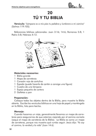 Historias objetivas para evangelismo



                                      20
                                TÚ Y TU BIBLIA
        Versículo: "Lámpara es a mis pies tu palabra y lumbrera a mi camino"
     (Salmos 119:105).

       Referencias bíblicas adicionales: Juan 3:16; 14:6; Romanos 5:8; 1
     Pedro 5:8; Hebreos 4:12.




        Materiales necesarios:
        1 Biblia grande
        1 Mapa de carreteras
        1 Corazón rojo de cartulina
        1 Espada (puede hacerla de cartón o consiga una figura)
        1 Cuadro de una lámpara
        1 Espejo pequeño de cartera
        2 Galletas o pan

       Preparación:
       Coloque todos los objetos dentro de la Biblia, pero muestre la Biblia
     abierta. Escriba los versículos bíblicos en una hoja de papel y manténgala
     en la Biblia, listo para leerlos.

        Mensaje:
        Cuando hacemos un viaje, generalmente llevamos un mapa de carre-
     teras para asegurarnos de que estamos viajando por el camino correcto
     (saque el mapa de carreteras de la Biblia). La Biblia es como un mapa
     de carreteras, porque nos muestra qué rumbo seguir. Jesús dijo: "Yo soy
     el camino, la verdad y la vida" (Juan 14:6).
52
 