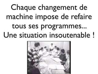 Chaque changement de
machine impose de refaire
tous ses programmes...
Une situation insoutenable !
 