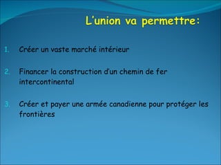 Créer un vaste marché intérieur Financer la construction d’un chemin de fer intercontinental Créer et payer une armée canadienne pour protéger les frontières 