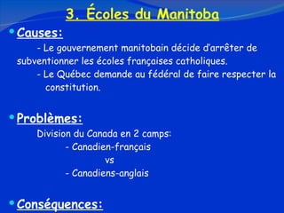 3. Écoles du Manitoba Causes: - Le gouvernement manitobain décide d’arrêter de  subventionner les écoles françaises catholiques.  - Le Québec demande au fédéral de faire respecter la    constitution. Problèmes: Division du Canada en 2 camps: - Canadien-français   vs - Canadiens-anglais Conséquences: Les relations entre le Québec et le reste du Canada ne  cessent de se détériorer 
