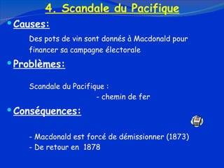4. Scandale du Pacifique Causes: Des pots de vin sont donnés à Macdonald pour  financer sa campagne électorale Problèmes: Scandale du Pacifique :  - chemin de fer Conséquences: - Macdonald est forcé de démissionner (1873) - De retour en  1878 