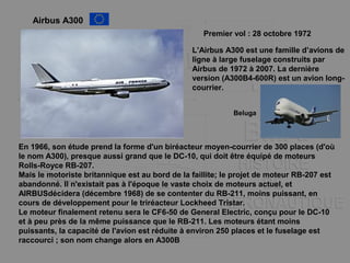 Airbus A300
L’Airbus A300 est une famille d’avions de
ligne à large fuselage construits par
Airbus de 1972 à 2007. La dernière
version (A300B4-600R) est un avion long-
courrier.
Premier vol : 28 octobre 1972
En 1966, son étude prend la forme d'un biréacteur moyen-courrier de 300 places (d'où
le nom A300), presque aussi grand que le DC-10, qui doit être équipé de moteurs
Rolls-Royce RB-207.
Mais le motoriste britannique est au bord de la faillite; le projet de moteur RB-207 est
abandonné. Il n'existait pas à l'époque le vaste choix de moteurs actuel, et
AIRBUSdécidera (décembre 1968) de se contenter du RB-211, moins puissant, en
cours de développement pour le triréacteur Lockheed Tristar.
Le moteur finalement retenu sera le CF6-50 de General Electric, conçu pour le DC-10
et à peu près de la même puissance que le RB-211. Les moteurs étant moins
puissants, la capacité de l'avion est réduite à environ 250 places et le fuselage est
raccourci ; son nom change alors en A300B
Beluga
 